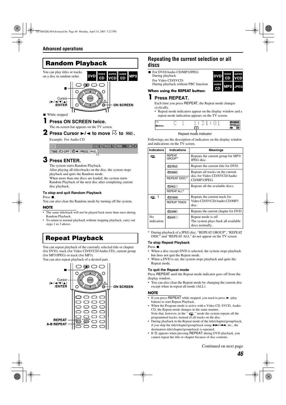 Random playback, Repeat playback, A pg. 46 | A pg. 46), Random playback repeat playback, Repeating the current selection or all discs | JVC xv-thm45 User Manual | Page 51 / 68