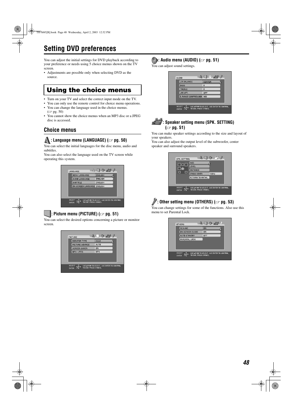 Setting dvd preferences, Using the choice menus, Preference | A pg. 48 – 55, A pg. 48, Choice menus | JVC xv-thm45 User Manual | Page 53 / 68