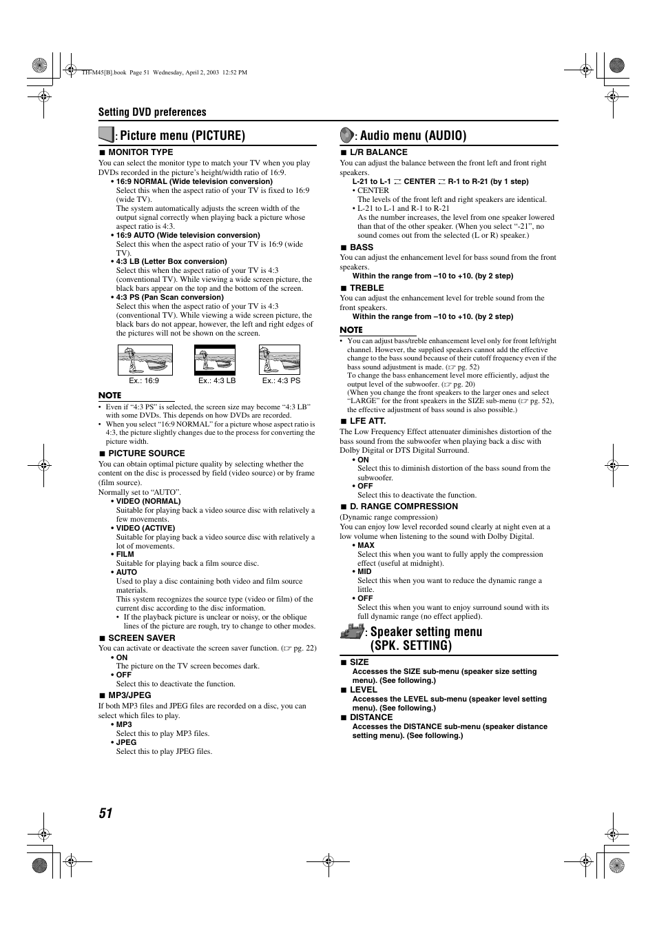 Or “jpeg”), A pg. 51), Ture) | Audio), Setting), Picture menu (picture), Audio menu (audio), Speaker setting menu (spk. setting) | JVC xv-thm45 User Manual | Page 56 / 68