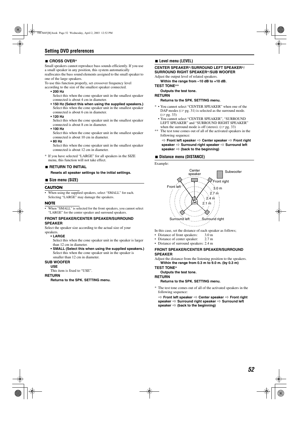 A pg. 52), Ze sub-menu, T speakers in the size sub-menu | Setting dvd preferences | JVC xv-thm45 User Manual | Page 57 / 68