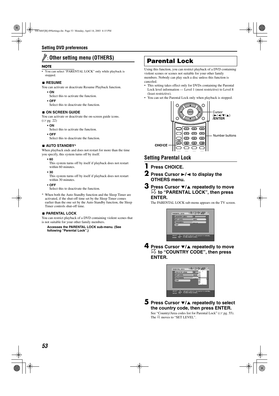 Parental lock, A pg. 53) and you stop, Ge 53 | Ther setting menu (others), A pg. 53), Other setting menu (others), Setting parental lock | JVC xv-thm45 User Manual | Page 58 / 68