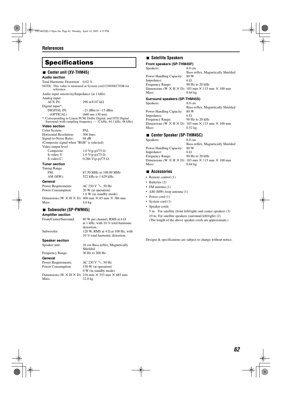 Specifications, References | JVC xv-thm45 User Manual | Page 67 / 68