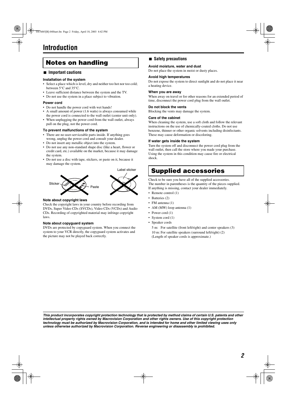 Introduction, Notes on handling, Supplied accessories | JVC xv-thm45 User Manual | Page 7 / 68