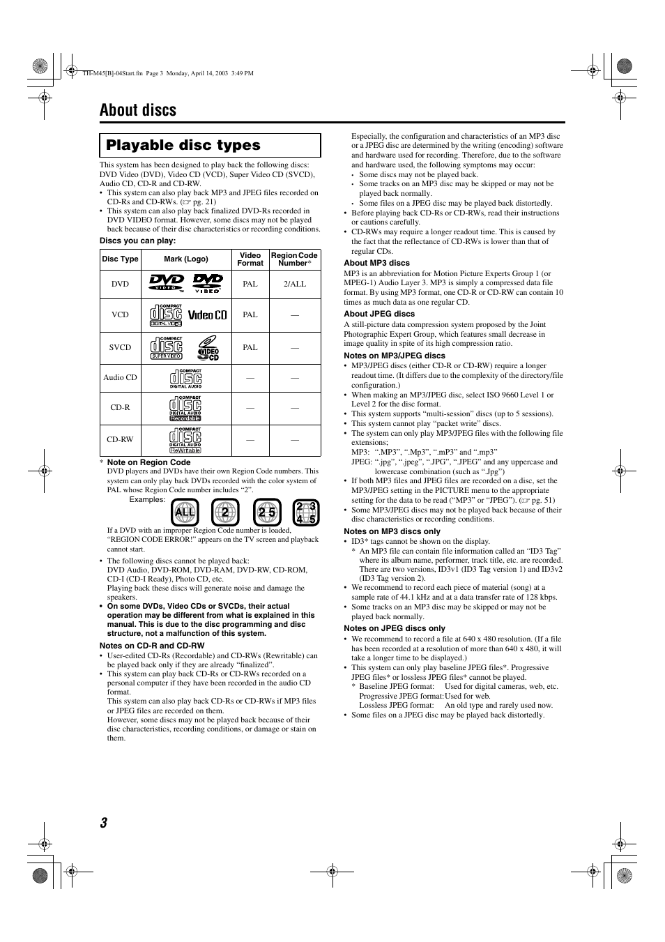 About discs, Playable disc types | JVC xv-thm45 User Manual | Page 8 / 68