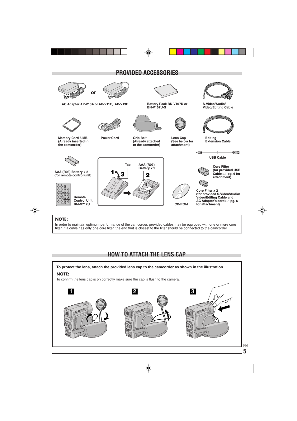 Provided accessories, How to attach the lens cap | JVC 0303-MK-ID-SN User Manual | Page 5 / 60