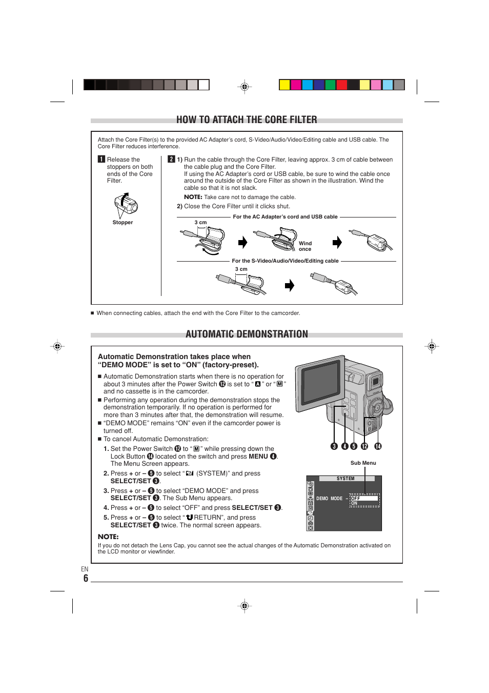 Automatic demonstration, How to attach the core filter | JVC 0303-MK-ID-SN User Manual | Page 6 / 60