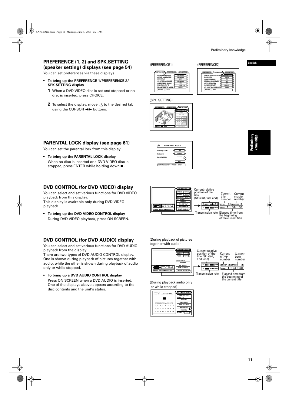 Parental lock display (see page 61), Dvd control (for dvd video) display, Dvd control (for dvd audio) display | Pre lim in ar y know le dg e, Preference1 ), Preference2 ), Spk. setting), During playback of pictures together with audio), During playback audio only or while stopped), Preliminary knowledge | JVC XV-SA70BK User Manual | Page 13 / 75