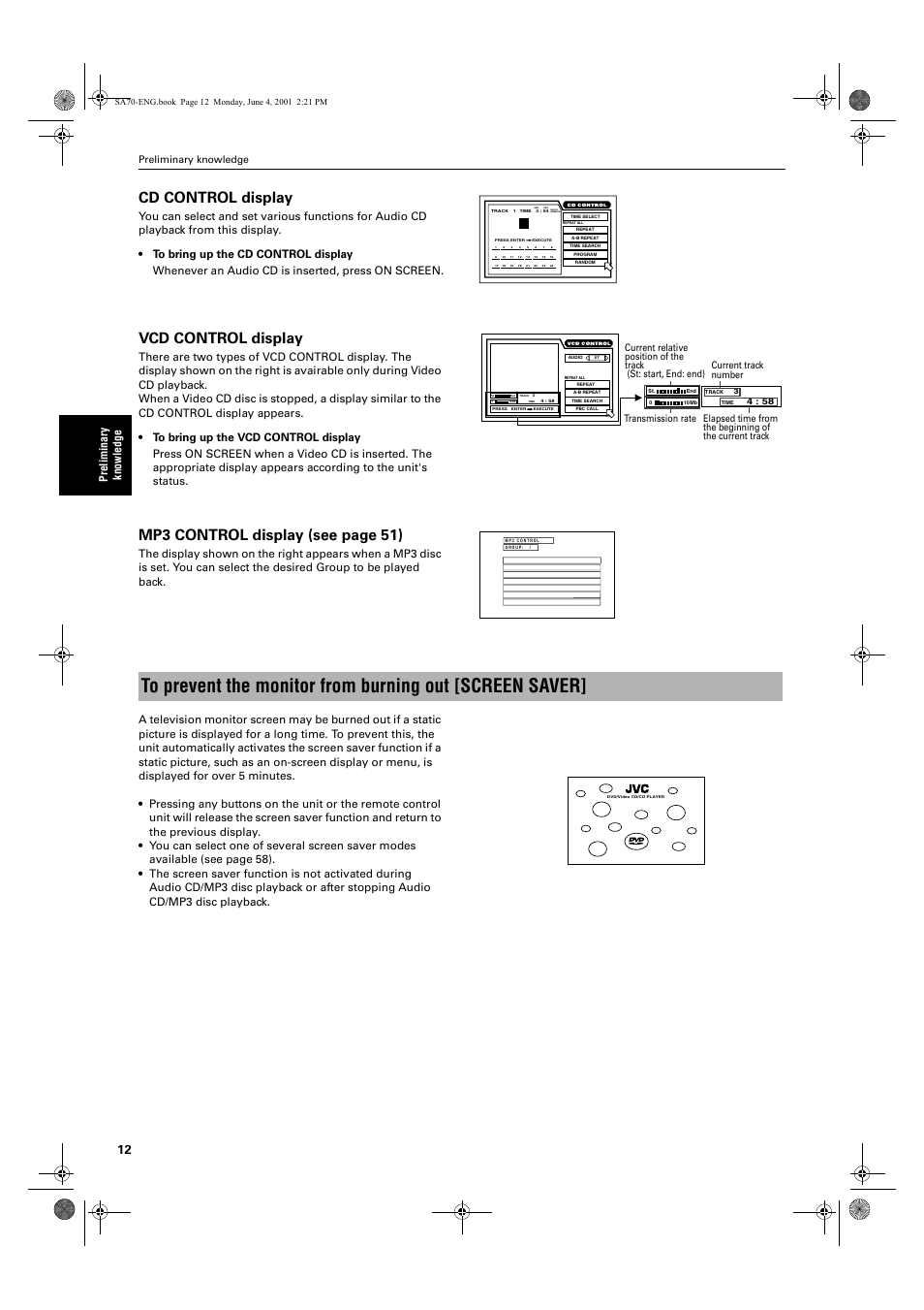 Cd control display, Vcd control display, Mp3 control display (see page 51) | Pre lim in ar y kn ow le dge, Preliminary knowledge | JVC XV-SA70BK User Manual | Page 14 / 75