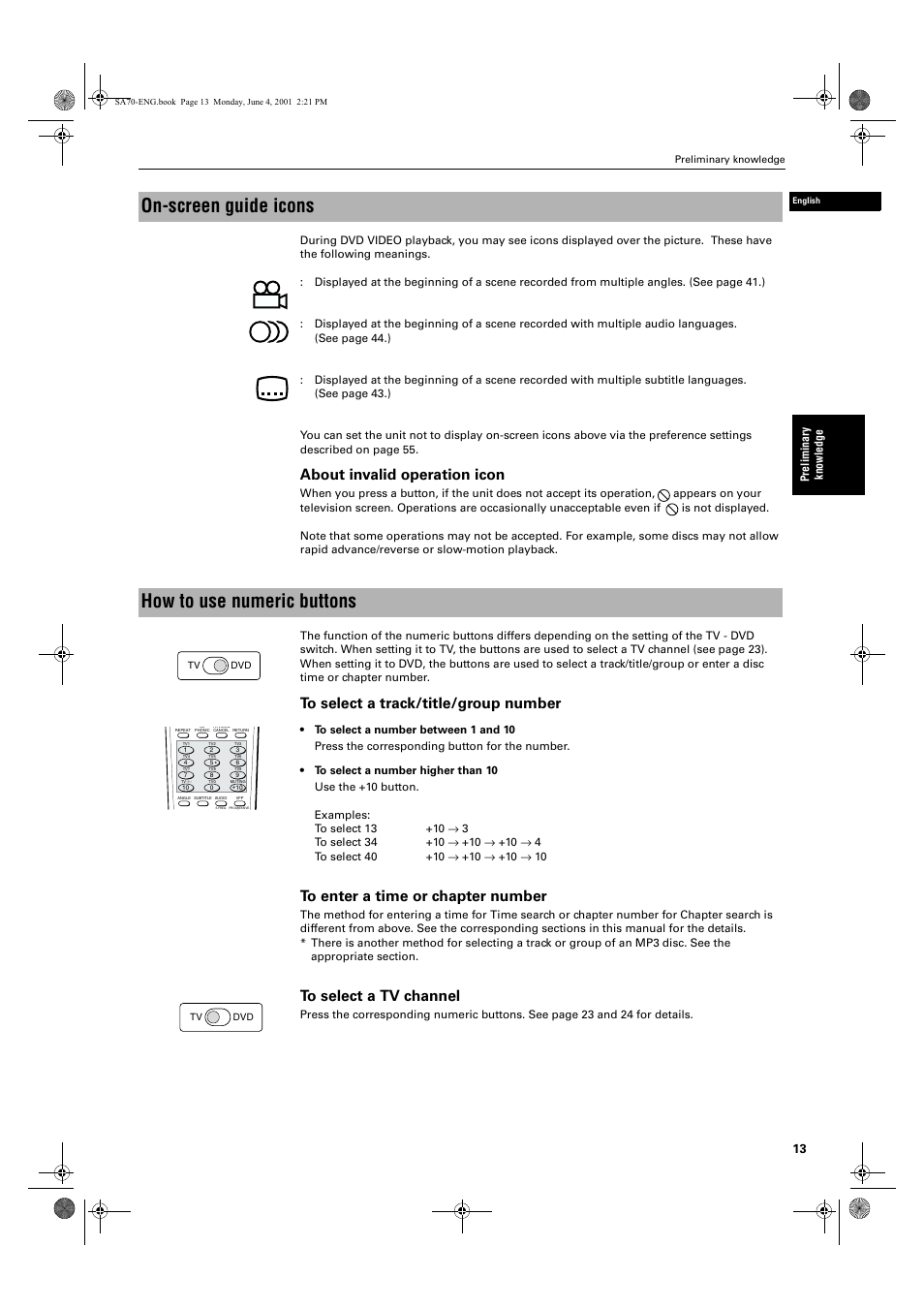 On-screen guide icons, How to use numeric buttons, About invalid operation icon | JVC XV-SA70BK User Manual | Page 15 / 75