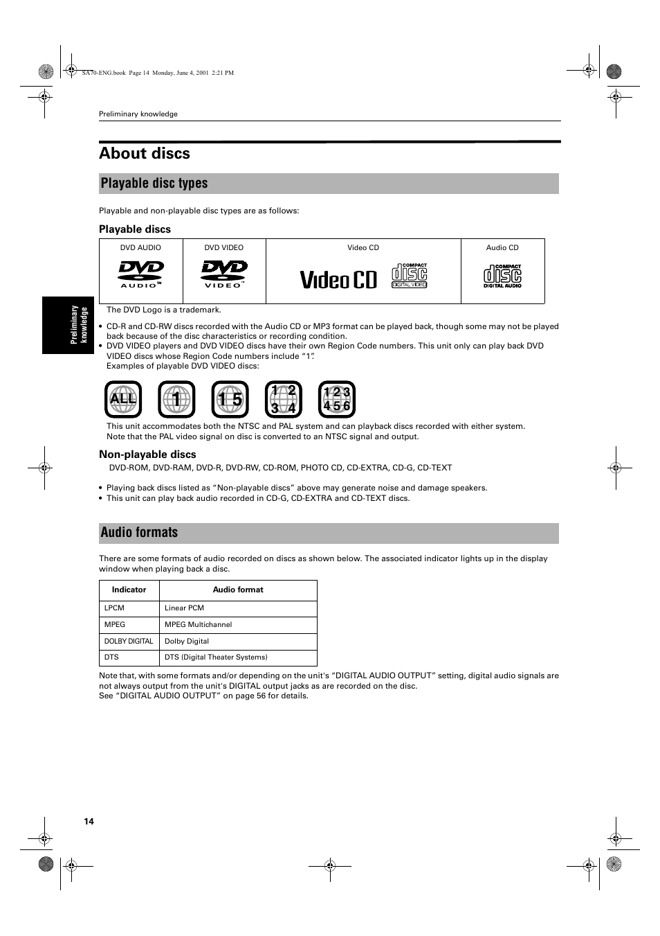 About discs, Playable disc types, Audio formats | JVC XV-SA70BK User Manual | Page 16 / 75