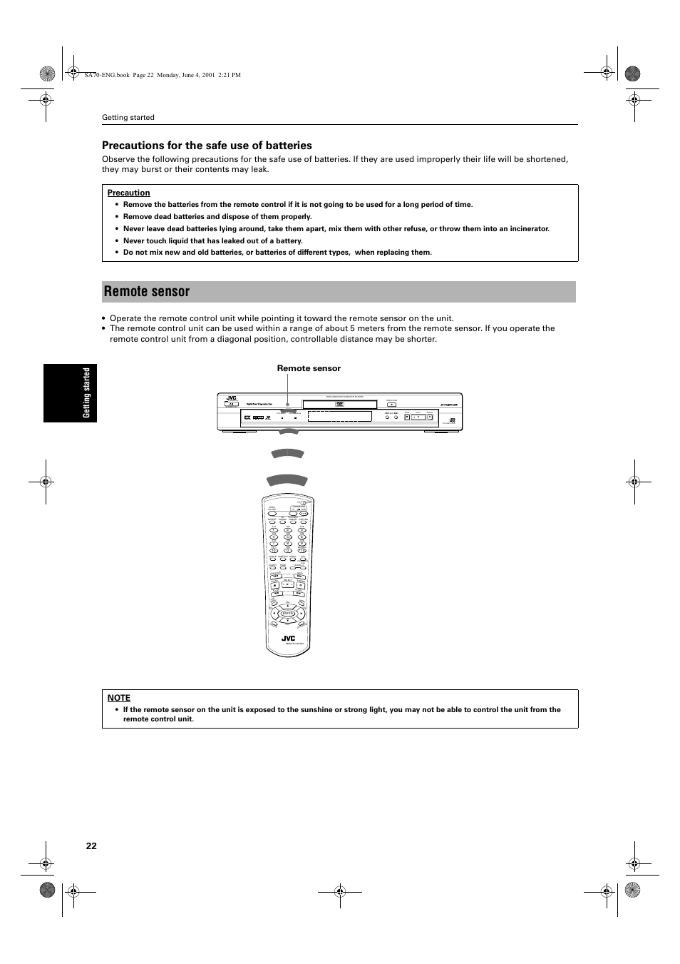 Remote sensor, Precautions for the safe use of batteries, Ge ttin g s tarte d | Getting started | JVC XV-SA70BK User Manual | Page 24 / 75