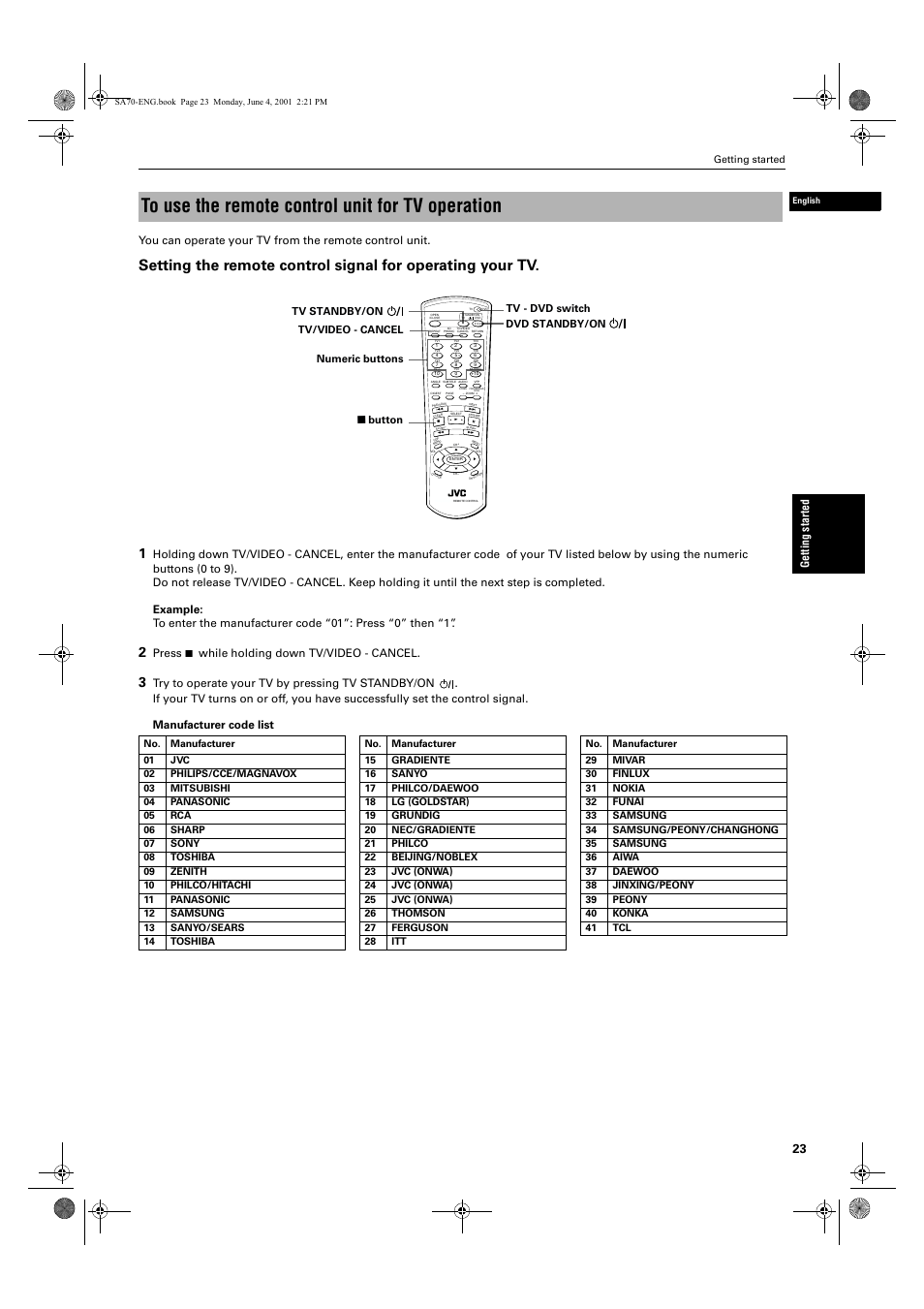 Ge ttin g s ta rte d, Press 7 while holding down tv/video - cancel | JVC XV-SA70BK User Manual | Page 25 / 75