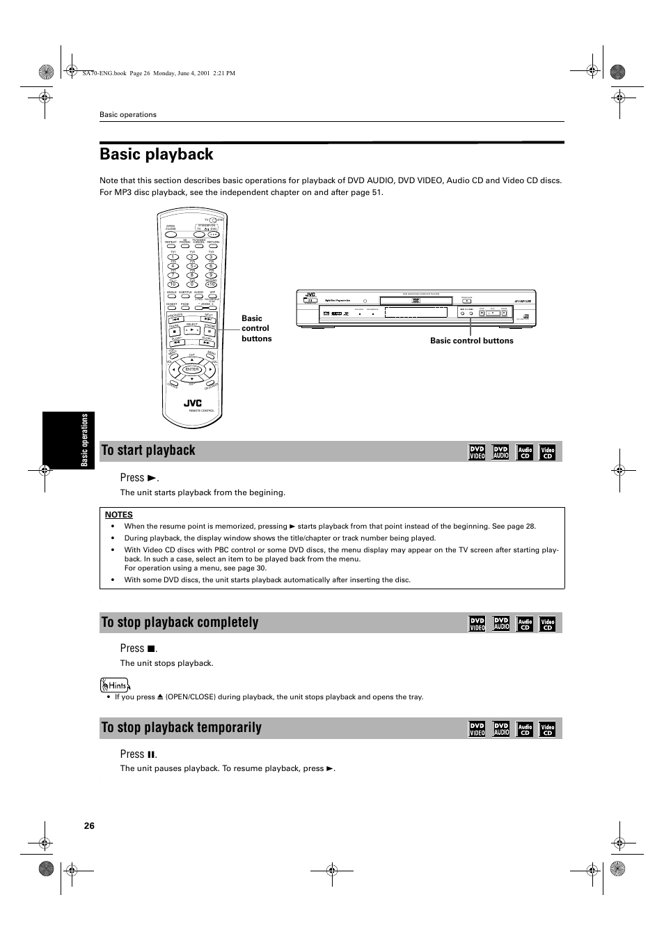 Basic playback, Press 3, Press 7 | Press 8, Ba sic op er ati o ns, The unit starts playback from the begining, The unit stops playback, Basic control buttons, Basic operations | JVC XV-SA70BK User Manual | Page 28 / 75