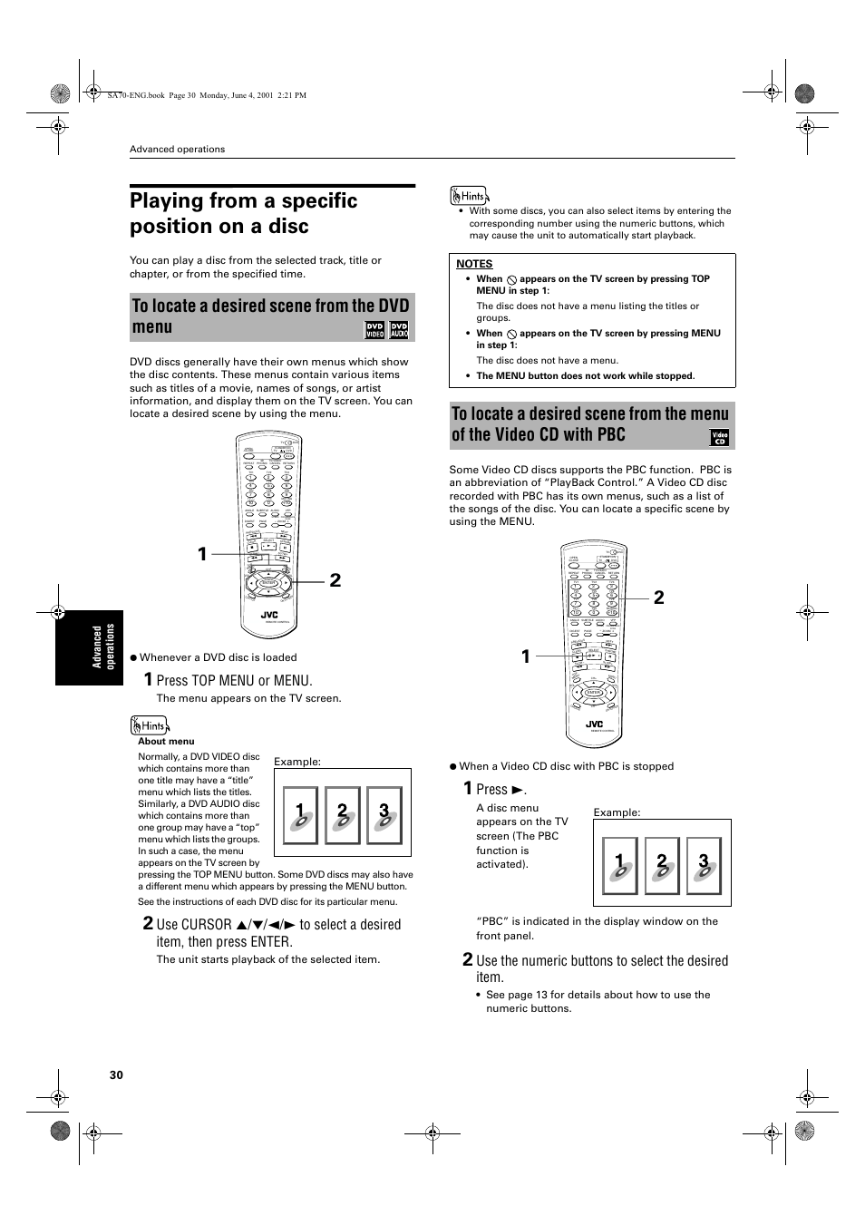 Playing from a specific position on a disc, Press top menu or menu, Press 3 | Use the numeric buttons to select the desired item, Ad va nc e d op er atio n s, The menu appears on the tv screen, The unit starts playback of the selected item, Example, Advanced operations | JVC XV-SA70BK User Manual | Page 32 / 75