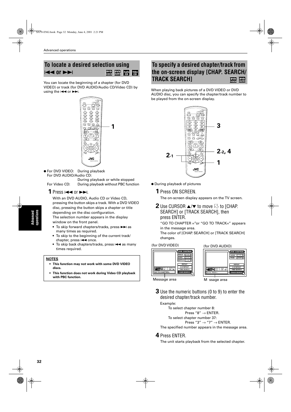 Press 4 or, Press on screen, Press enter | The on-screen display appears on the tv screen, The unit starts playback from the selected chapter, Message area (for dvd video), Message area (for dvd audio), Advanced operations | JVC XV-SA70BK User Manual | Page 34 / 75