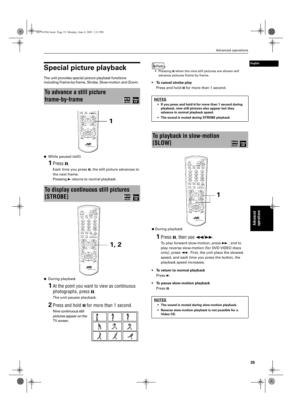 Special picture playback, Press 8, Press and hold 8 for more than 1 second | Press 8, then use 1, Ad va nc e d op er a tio ns, The unit pauses playback, Advanced operations, English | JVC XV-SA70BK User Manual | Page 37 / 75