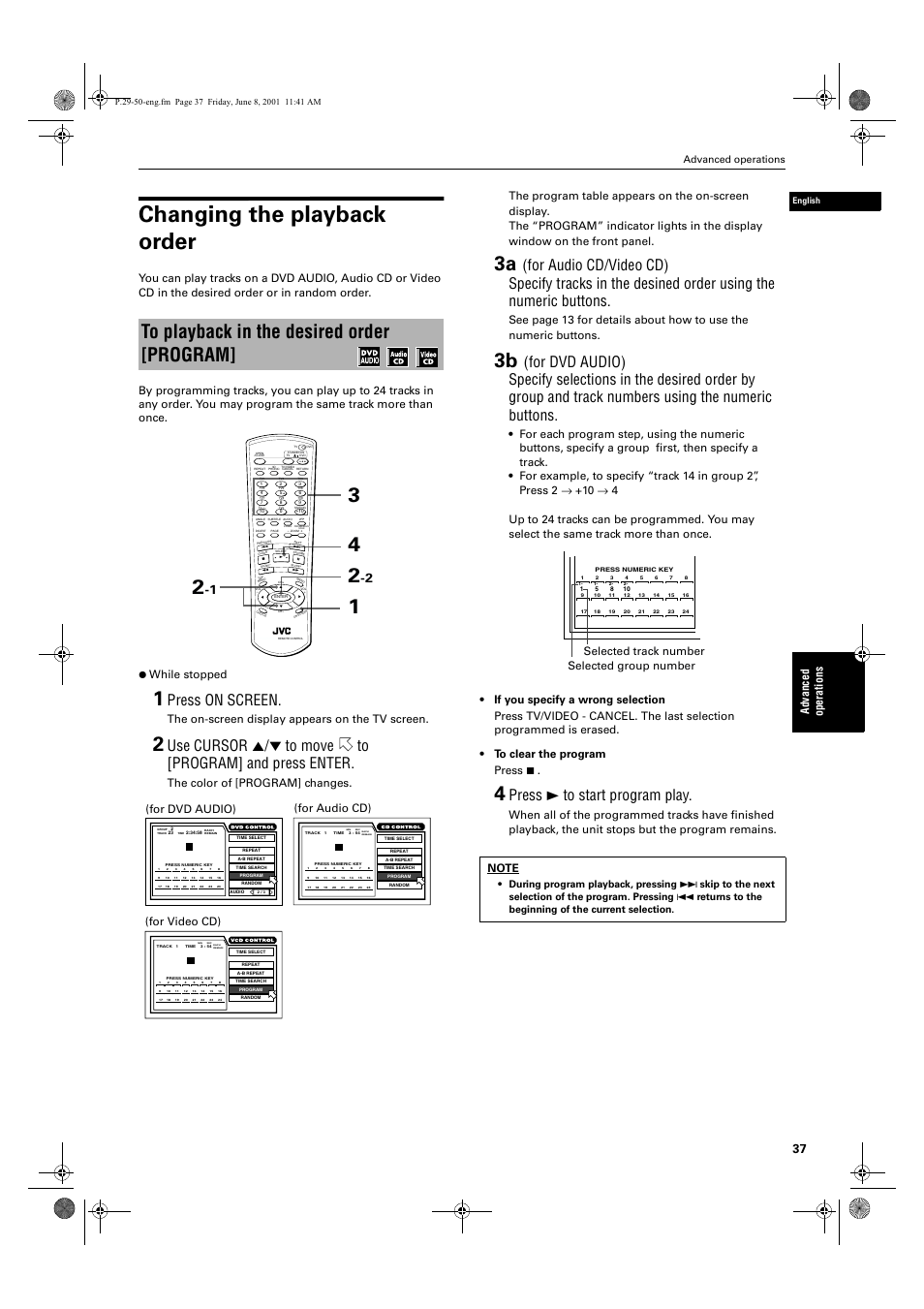 Changing the playback order, Press on screen, Press 3 to start program play | Ad va nc e d op er a tio ns, The on-screen display appears on the tv screen, For audio cd), For video cd), Selected track number selected group number, Advanced operations, English | JVC XV-SA70BK User Manual | Page 39 / 75