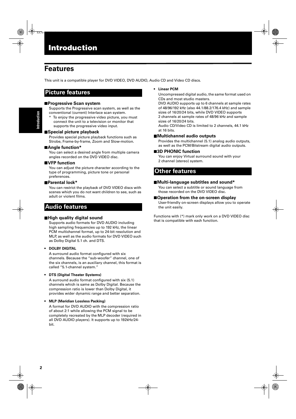 Introduction, Introduction features, Picture features audio features other features | JVC XV-SA70BK User Manual | Page 4 / 75