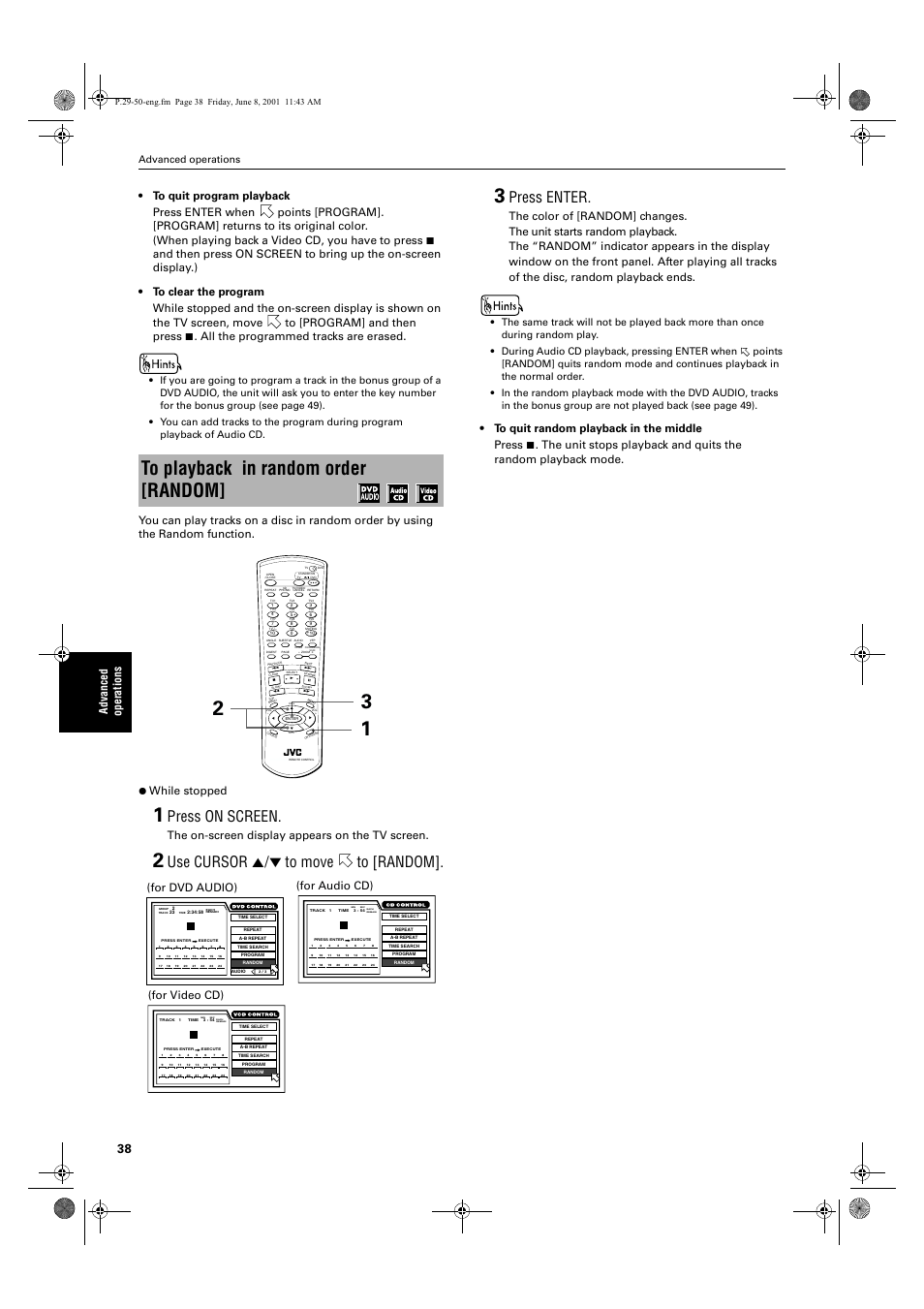 Press on screen, Use cursor 5/∞ to move to [random, Press enter | The on-screen display appears on the tv screen, For video cd), For audio cd), For dvd audio), Advanced operations, 3hqjip 3djh  )ulgd\ -xqh    $0 | JVC XV-SA70BK User Manual | Page 40 / 75