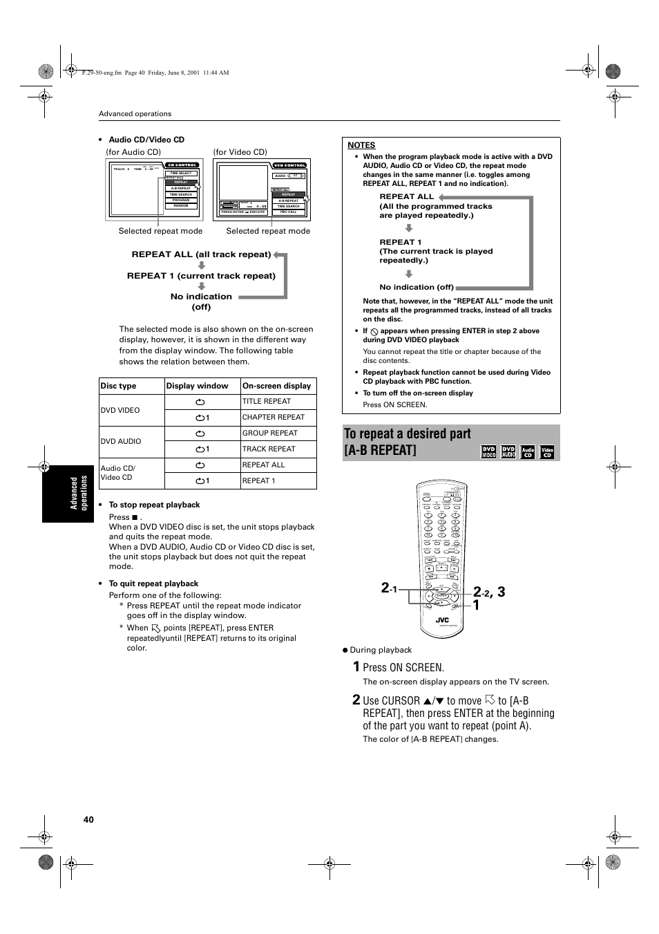 Press on screen, The on-screen display appears on the tv screen, The color of | A-b repeat, For video cd) selected repeat mode, Advanced operations | JVC XV-SA70BK User Manual | Page 42 / 75
