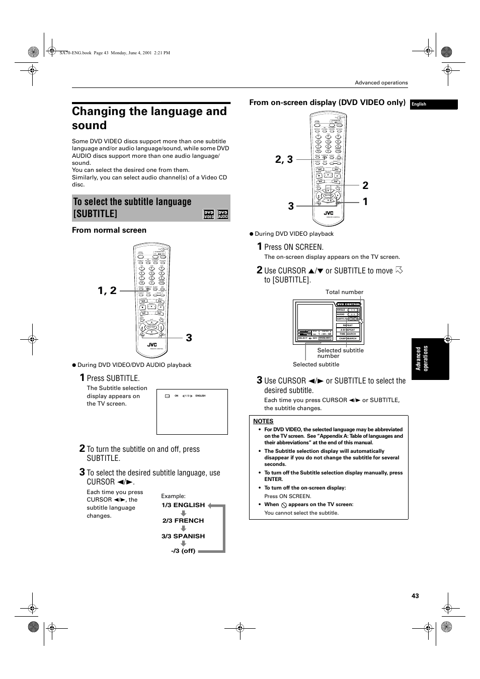 Changing the language and sound, Press subtitle, Press on screen | Use cursor 5/∞ or subtitle to move to [subtitle, Ad va nc e d op er a tio ns, During dvd video/dvd audio playback, During dvd video playback, The on-screen display appears on the tv screen, Advanced operations, English | JVC XV-SA70BK User Manual | Page 45 / 75