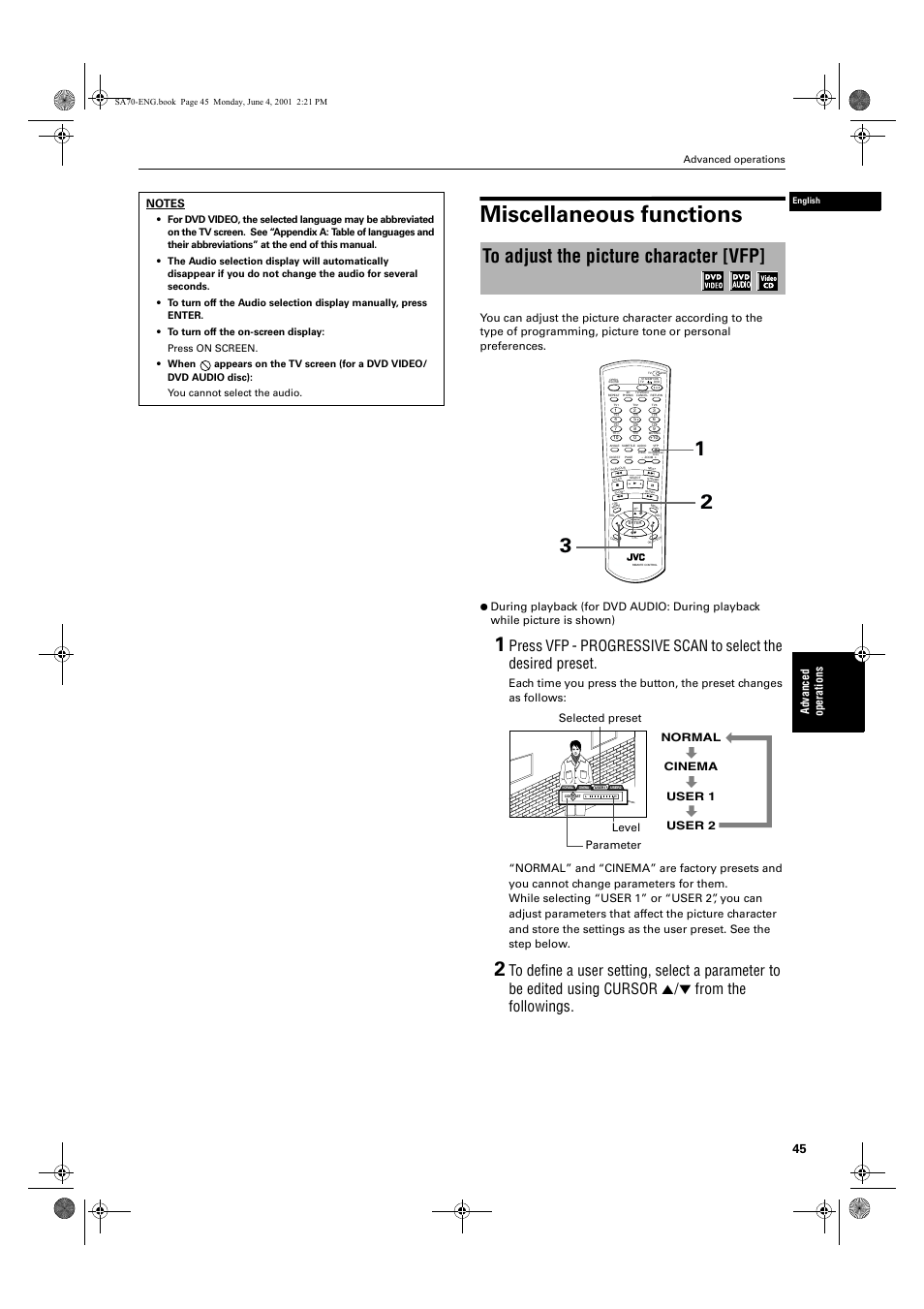 Miscellaneous functions, Ad va nc e d op er a tio ns, Advanced operations | JVC XV-SA70BK User Manual | Page 47 / 75