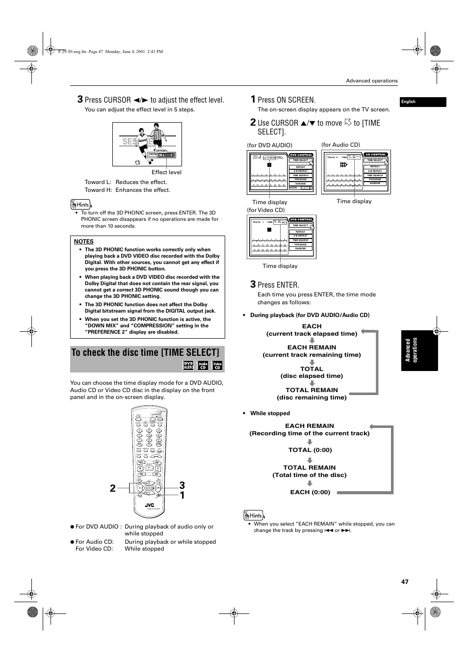 Press cursor 2/3 to adjust the effect level, Press on screen, Use cursor 5/∞ to move to [time select | Press enter, Ad va nc e d op er a tio ns, The on-screen display appears on the tv screen, Effect level, Time display (for dvd audio), For video cd) time display, Advanced operations | JVC XV-SA70BK User Manual | Page 49 / 75