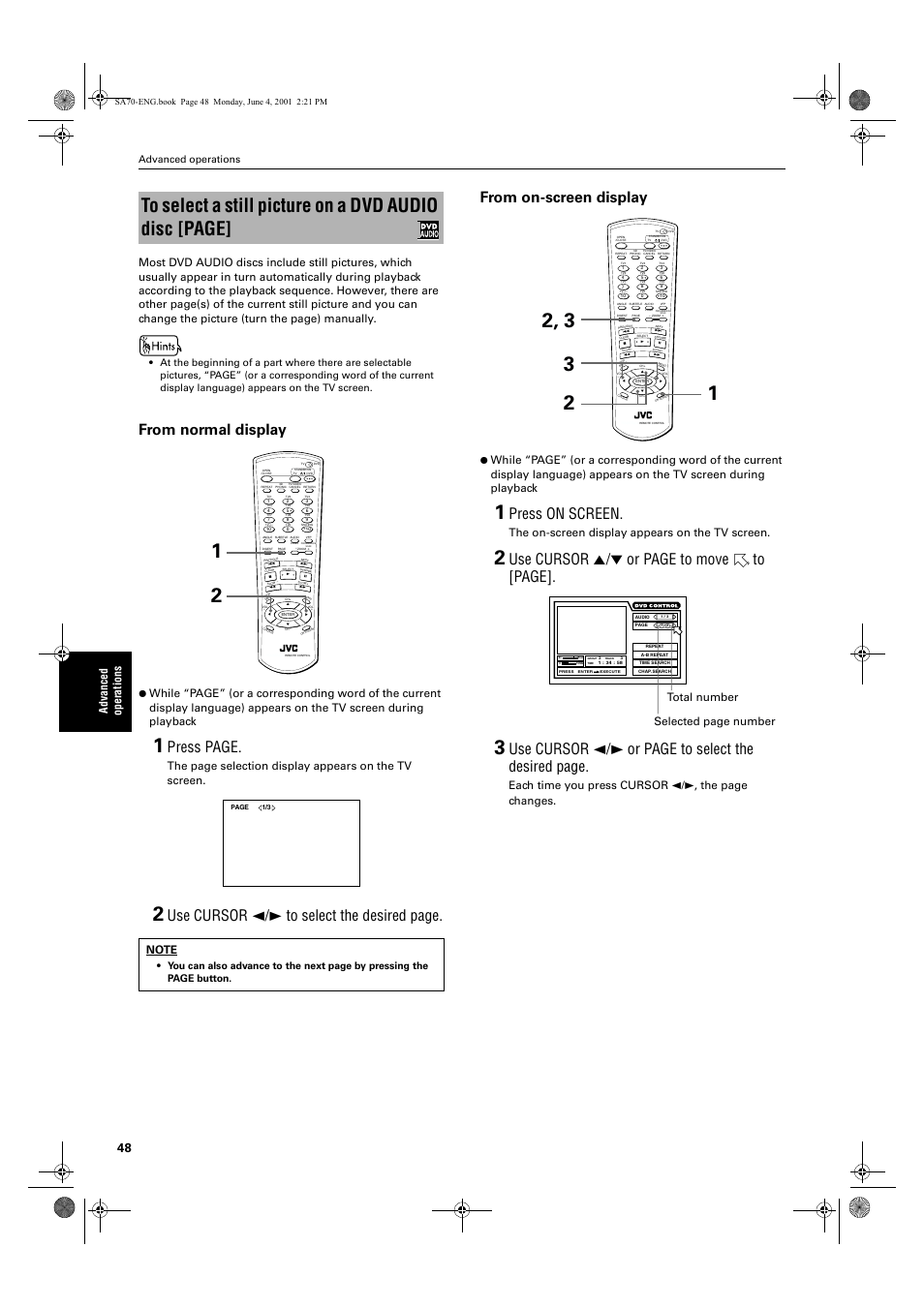 Press page, Press on screen, Use cursor 5/∞ or page to move to [page | Use cursor 2/3 or page to select the desired page, The on-screen display appears on the tv screen, Each time you press cursor 2/3, the page changes, Total number selected page number, Advanced operations | JVC XV-SA70BK User Manual | Page 50 / 75