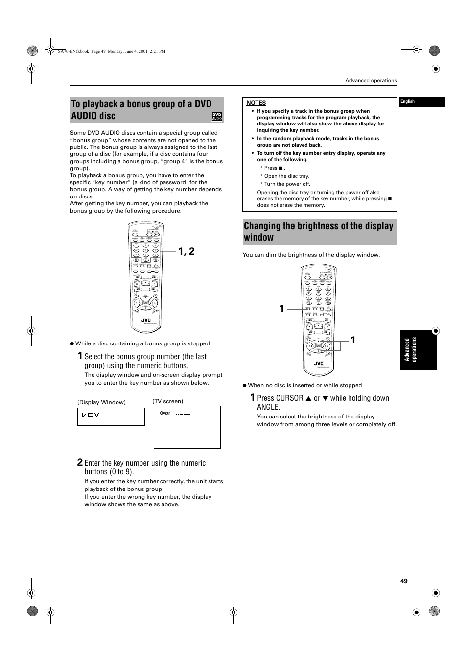 Changing the brightness of the display window, Press cursor 5 or ∞ while holding down angle, Ad va nc e d op er a tio ns | Advanced operations, English | JVC XV-SA70BK User Manual | Page 51 / 75