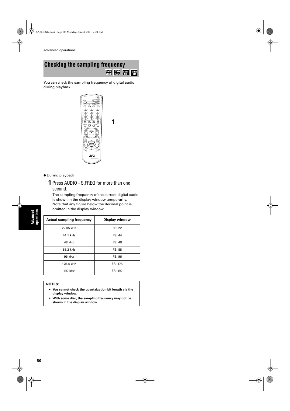 Checking the sampling frequency, Press audio - s.freq for more than one second, Actual sampling frequency display window | Advanced operations | JVC XV-SA70BK User Manual | Page 52 / 75