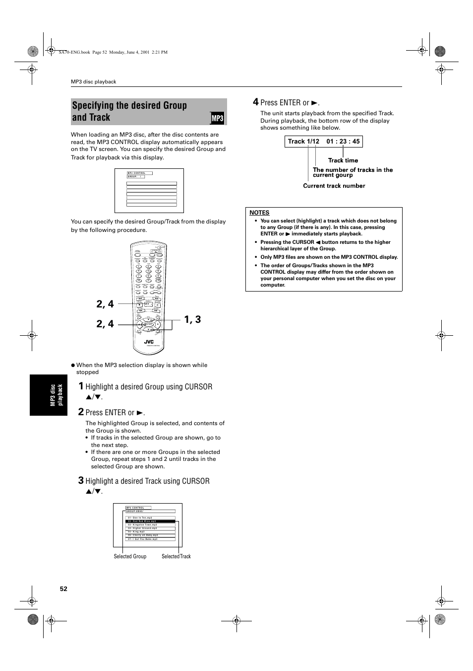 Specifying the desired group and track, Highlight a desired group using cursor 5, Press enter or 3 | Highlight a desired track using cursor 5, 7udfn, Track time | JVC XV-SA70BK User Manual | Page 54 / 75