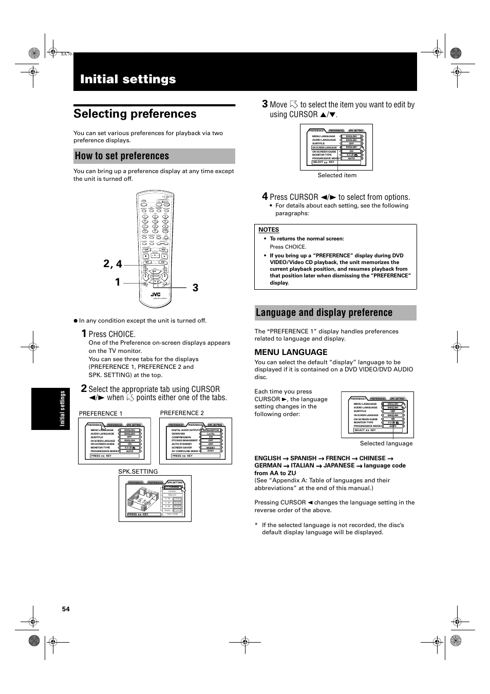 Initial settings, Initial settings selecting preferences, How to set preferences | Language and display preference, Press choice, Press cursor 2/3 to select from options, Menu language, Preference 2, Preference 1, Selected item | JVC XV-SA70BK User Manual | Page 56 / 75