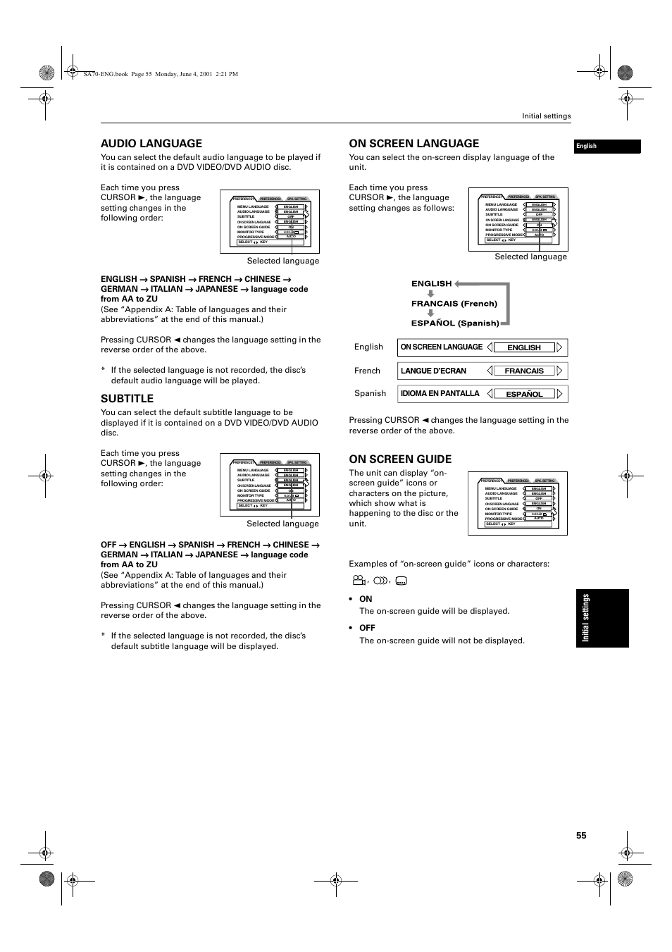 Audio language, Subtitle, On screen language | On screen guide | JVC XV-SA70BK User Manual | Page 57 / 75