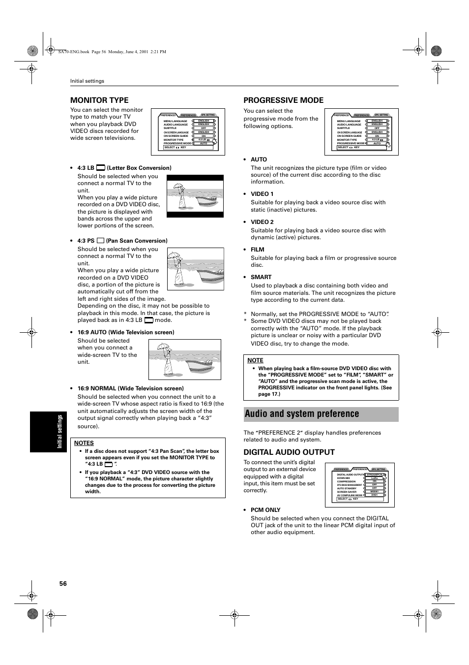 Audio and system preference, Monitor type, Progressive mode | Digital audio output | JVC XV-SA70BK User Manual | Page 58 / 75