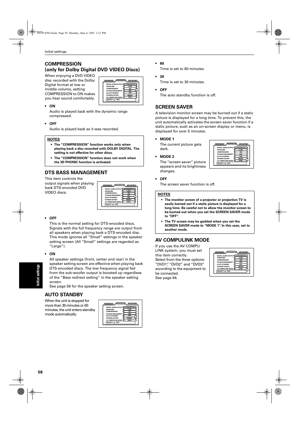 Dts bass management, Auto standby, Screen saver | Av compulink mode, Init ial s e tti ng s | JVC XV-SA70BK User Manual | Page 60 / 75