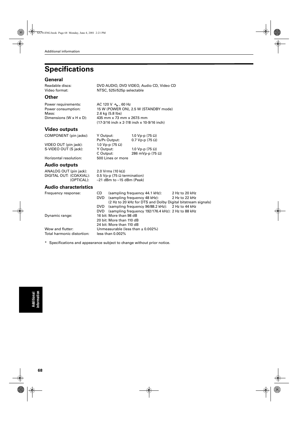 Specifications, General, Other | Video outputs, Audio outputs, Audio characteristics | JVC XV-SA70BK User Manual | Page 70 / 75