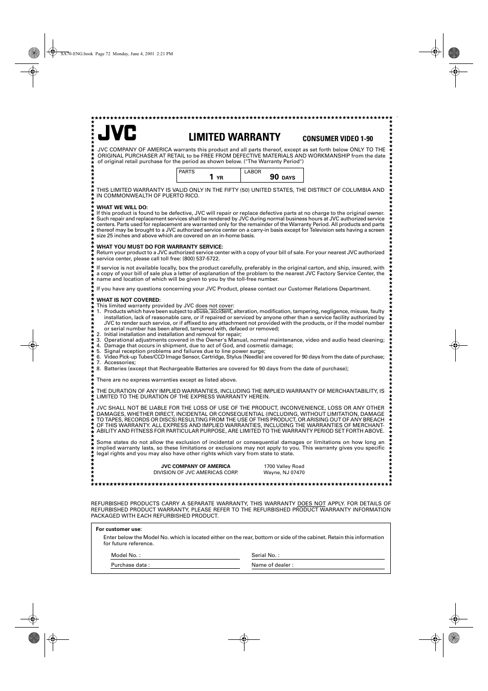 Limited warranty, Consumer video 1-90 | JVC XV-SA70BK User Manual | Page 74 / 75