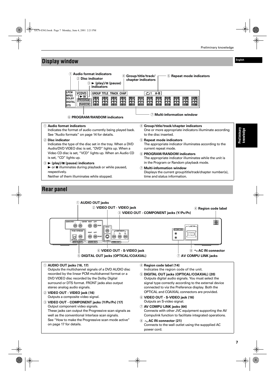 Display window, Rear panel | JVC XV-SA70BK User Manual | Page 9 / 75