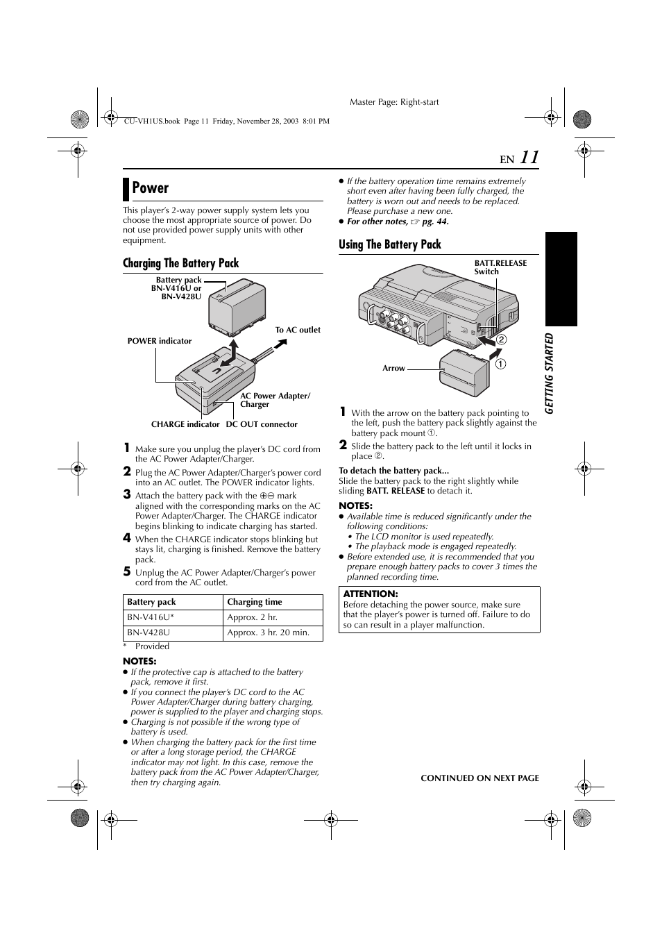 Getting started, Power, Charging the battery pack 1 | Using the battery pack 1 | JVC CU-VH1 User Manual | Page 11 / 64