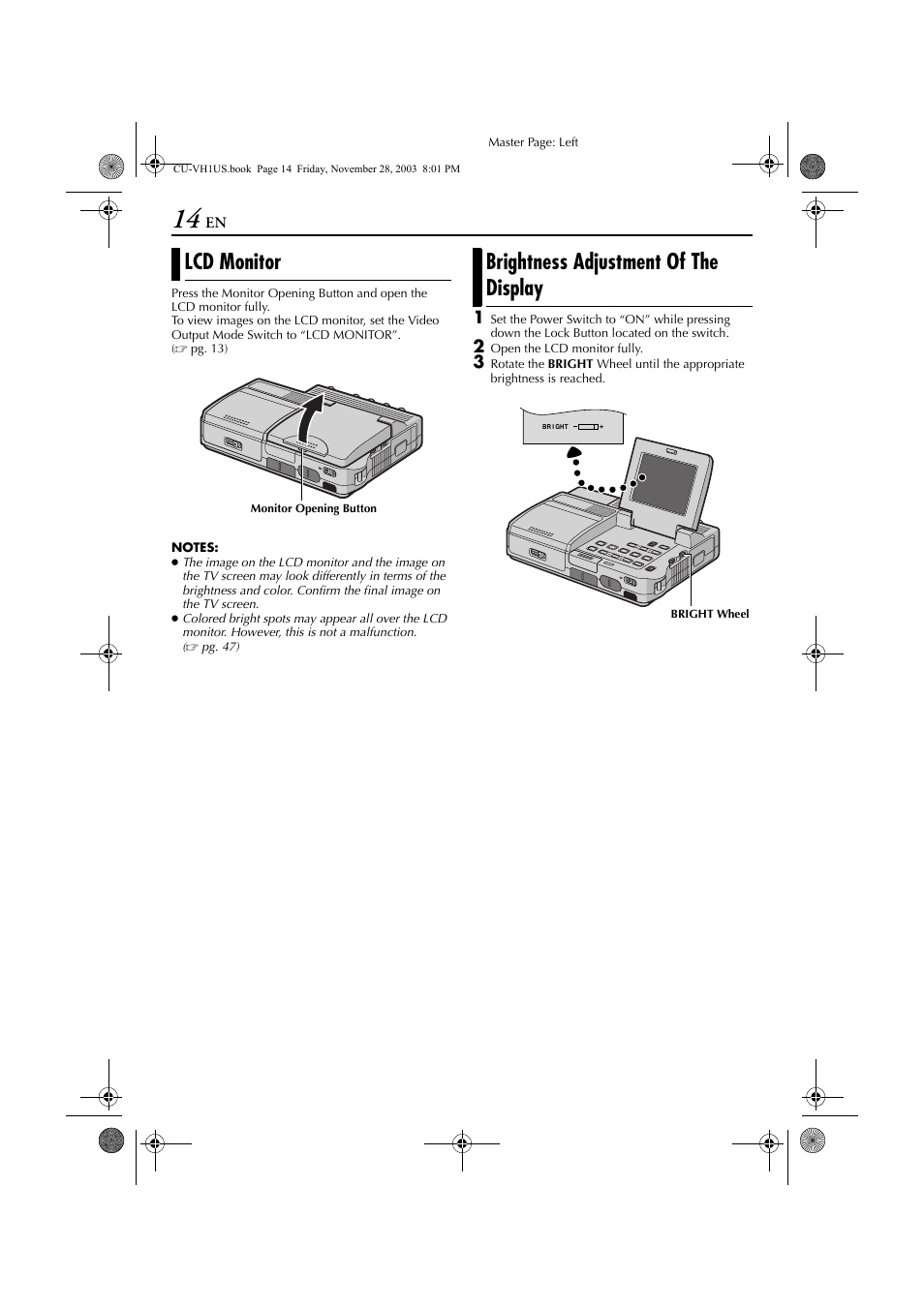 Lcd monitor, Brightness adjustment of the display, Lcd monitor brightness adjustment of the display | JVC CU-VH1 User Manual | Page 14 / 64