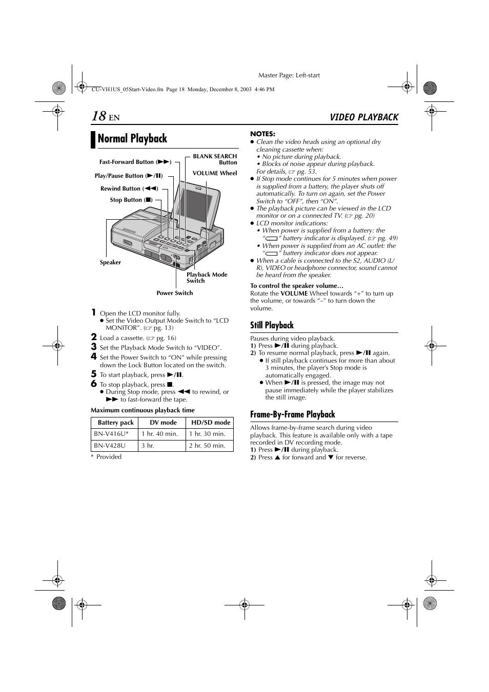 Video playback, Normal playback, Still playback | Frame-by-frame playback | JVC CU-VH1 User Manual | Page 18 / 64