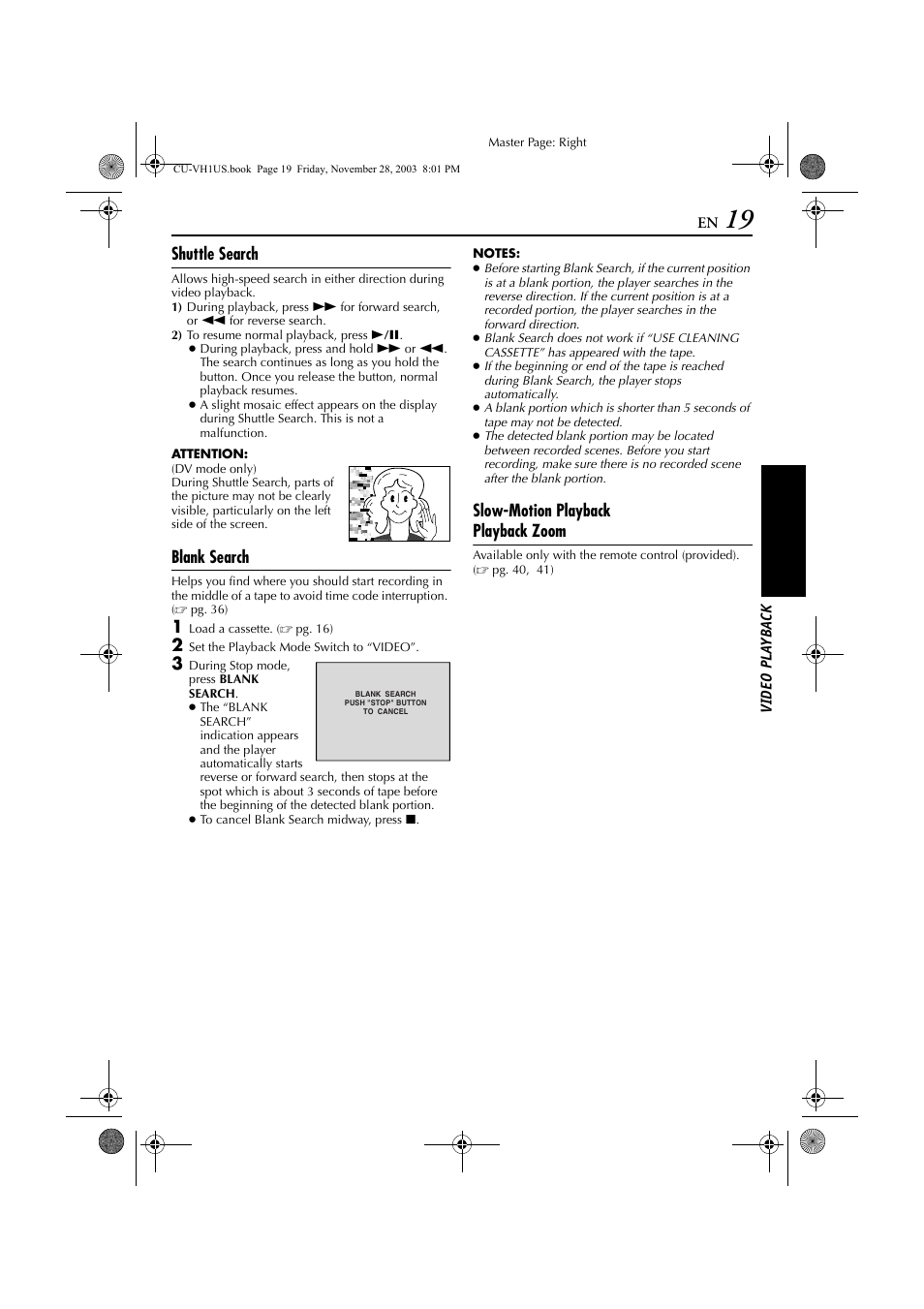 Shuttle search, Blank search, Shuttle search blank search | Slow-motion playback playback zoom | JVC CU-VH1 User Manual | Page 19 / 64
