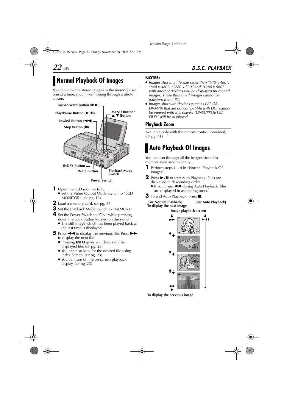 Digital still camera (d.s.c.) playback, D.s.c. playback, Normal playback of images | Auto playback of images, Playback zoom | JVC CU-VH1 User Manual | Page 22 / 64