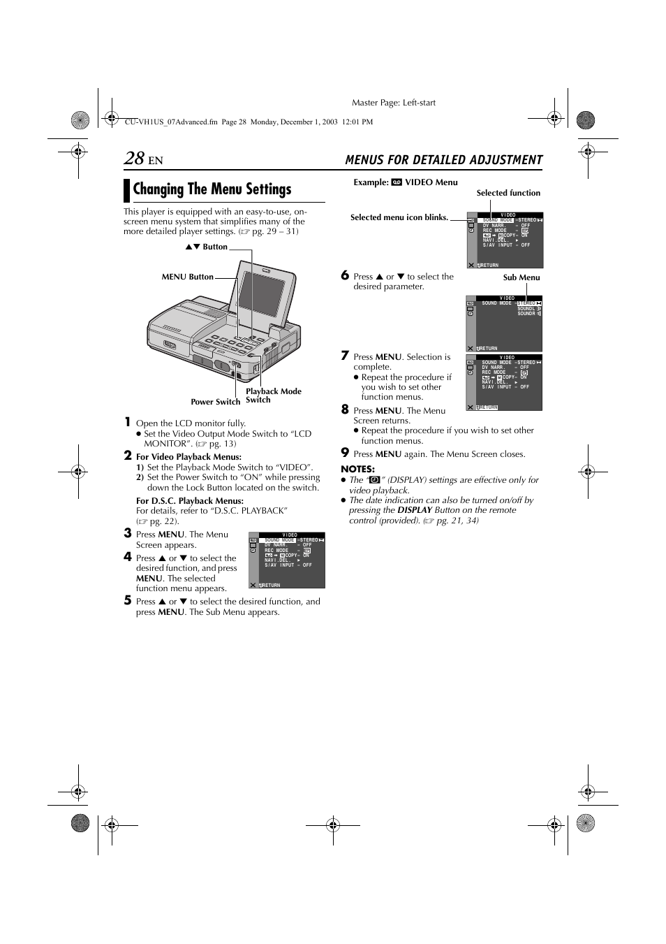 Advanced features, Menus for detailed adjustment, Changing the menu settings | Pg. 28, Set “y/pb/p, Date/time, Time code, Indications other, Master page: left-start, Press menu . the menu screen appears | JVC CU-VH1 User Manual | Page 28 / 64