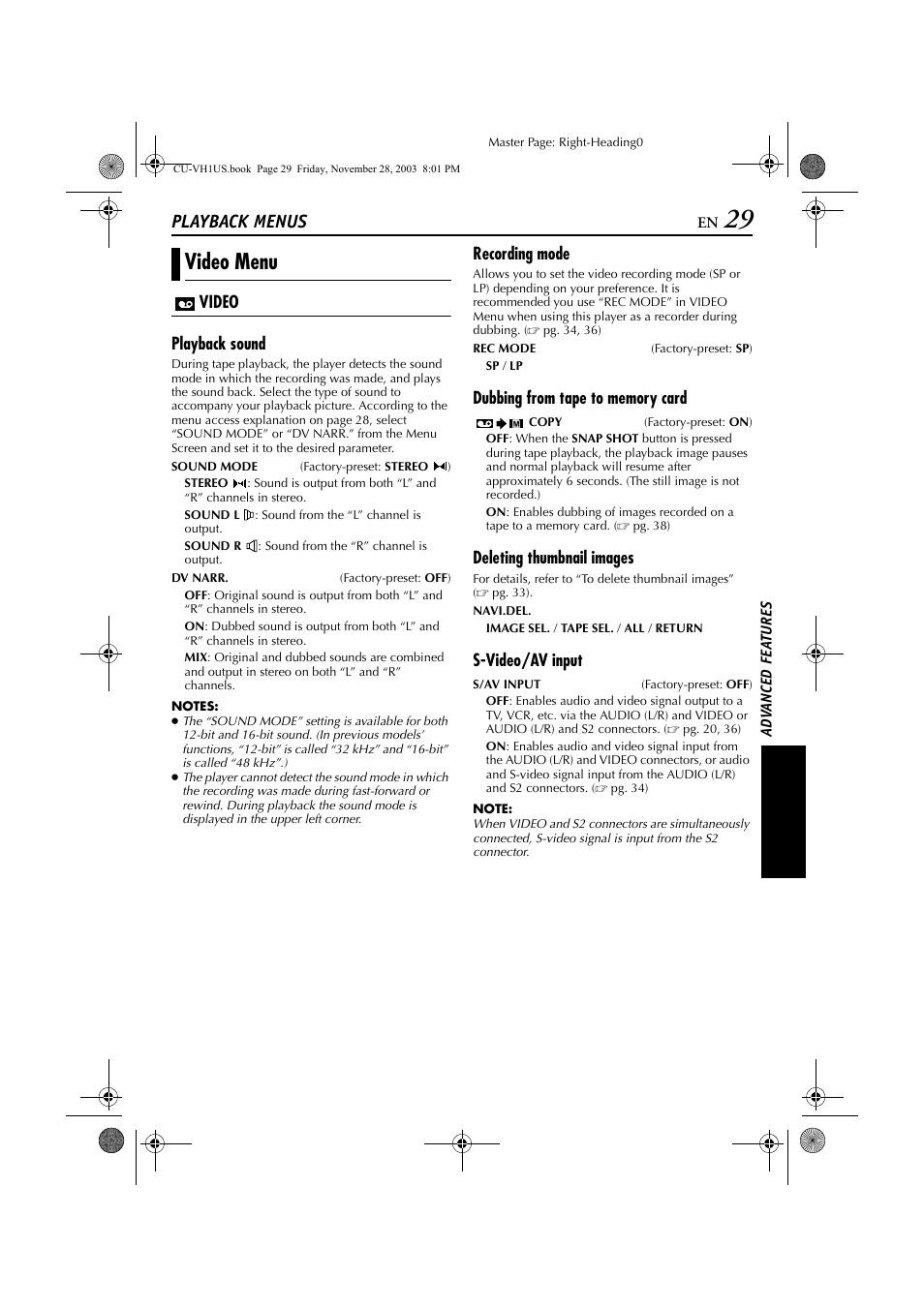 Playback menus, Pg. 29, Video menu | JVC CU-VH1 User Manual | Page 29 / 64