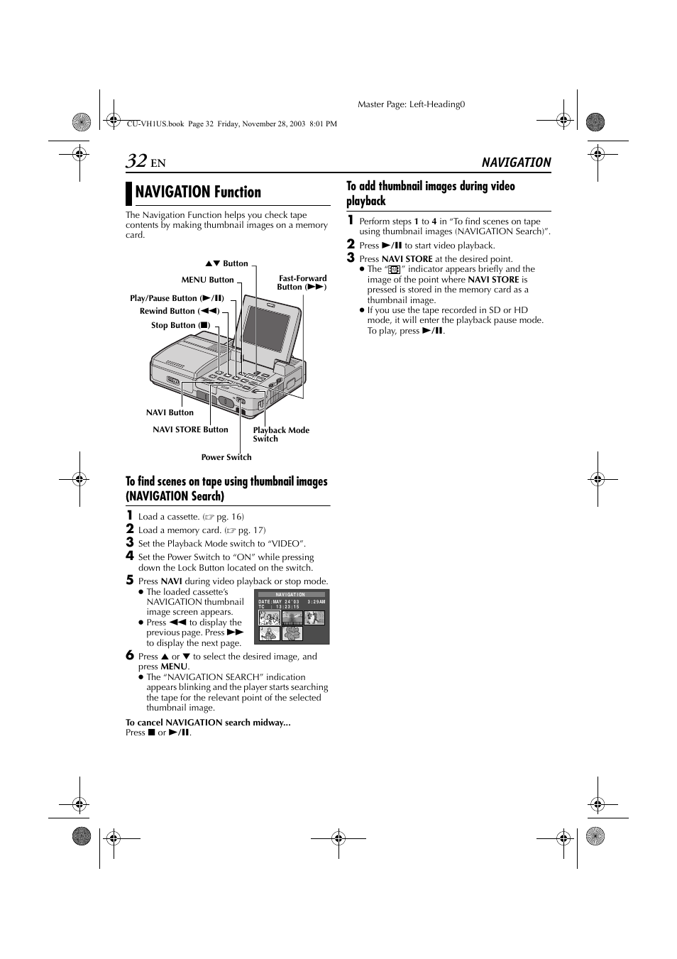 Navigation, Navigation function | JVC CU-VH1 User Manual | Page 32 / 64