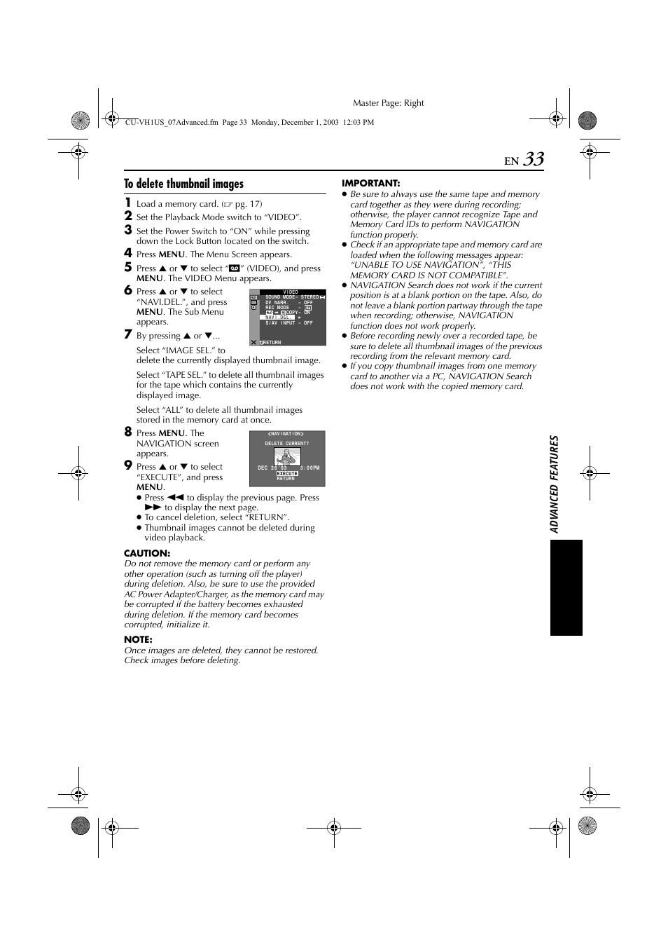 To “to delete thumbnail images, Pg. 33), Ad v a nced fe a ture s | JVC CU-VH1 User Manual | Page 33 / 64