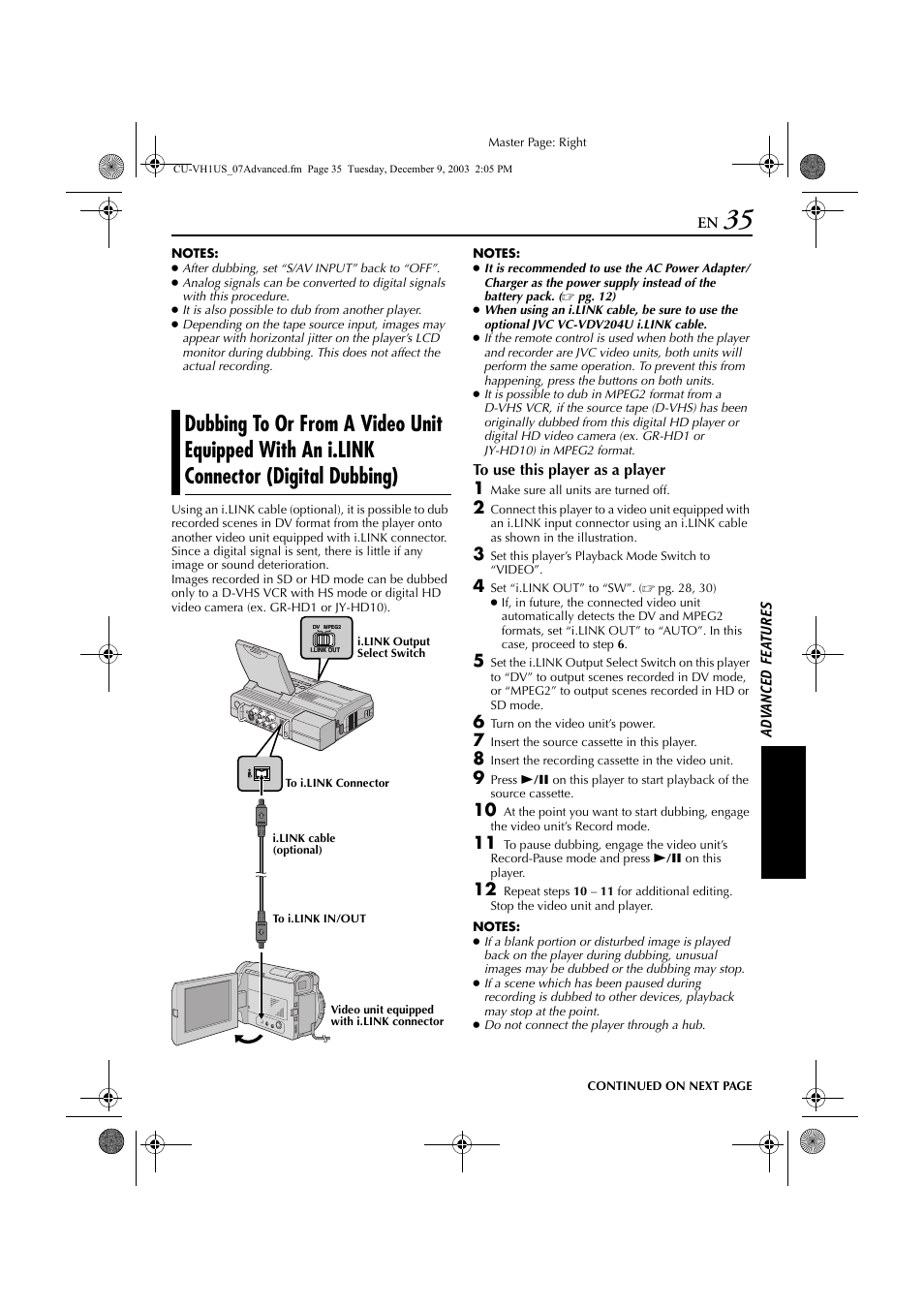 Dubbing to or from a video unit equipped with, An i.link connector (digital dubbing) | JVC CU-VH1 User Manual | Page 35 / 64