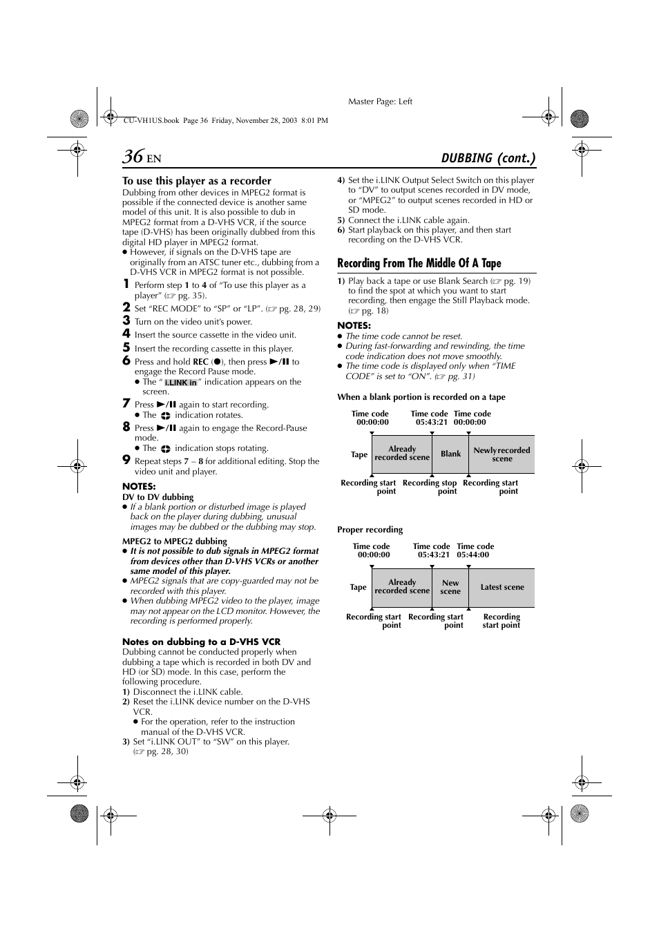 Recording from the middle of a tape, Pg. 36), Dubbing (cont.) | JVC CU-VH1 User Manual | Page 36 / 64