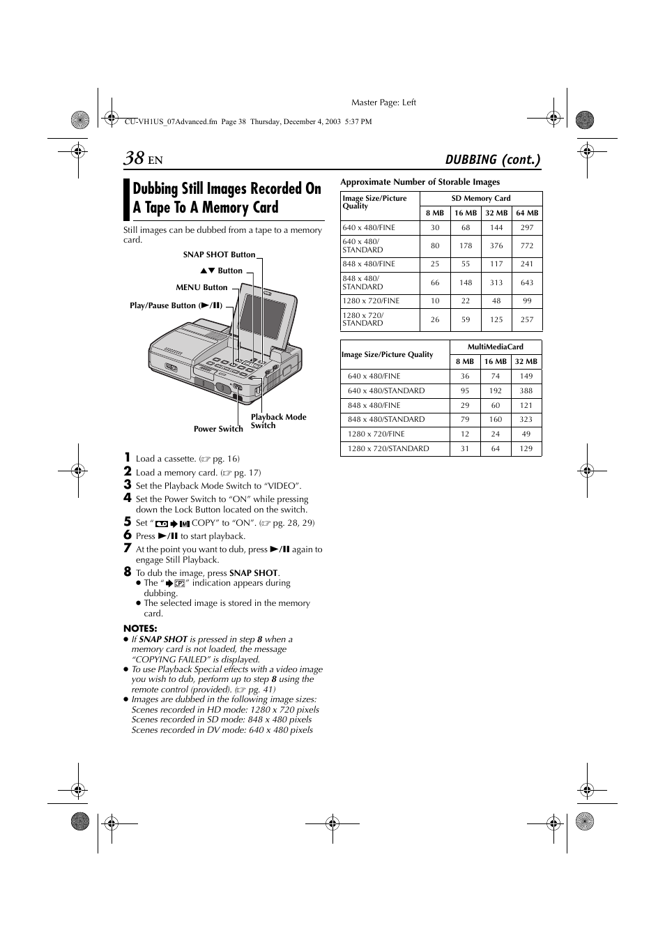 Dubbing still images recorded on a tape to, A memory card, Pg. 38) | Dubbing (cont.) | JVC CU-VH1 User Manual | Page 38 / 64